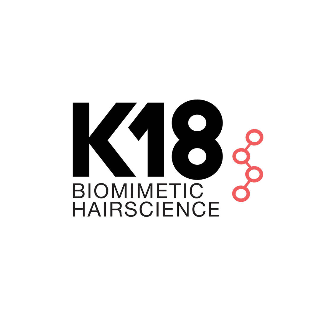 K18 Biomimetic Hairscience logo with molecular design on the right.